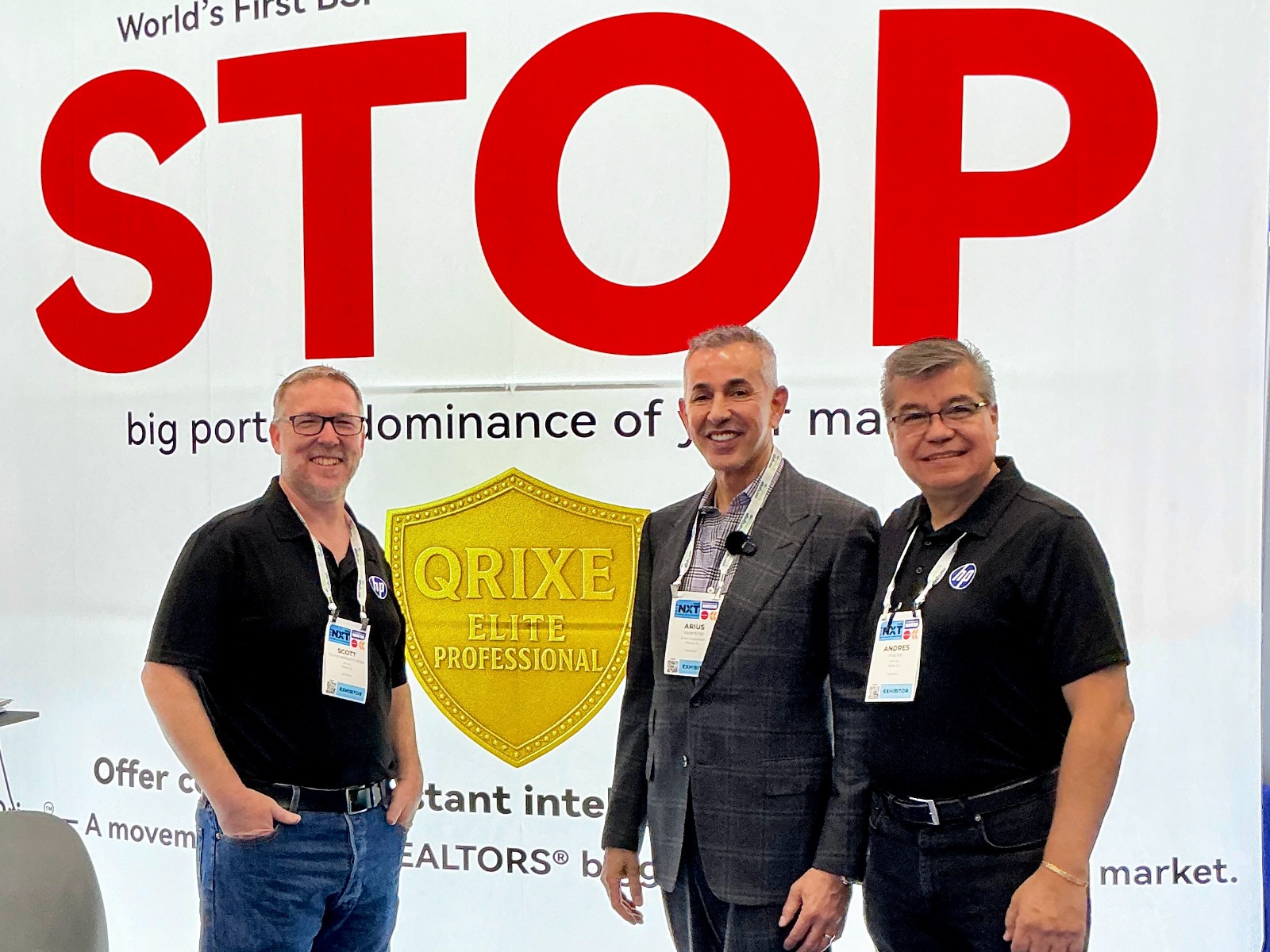 Arius Valentino at national real estate conference with Qrixe Elite Professional badge